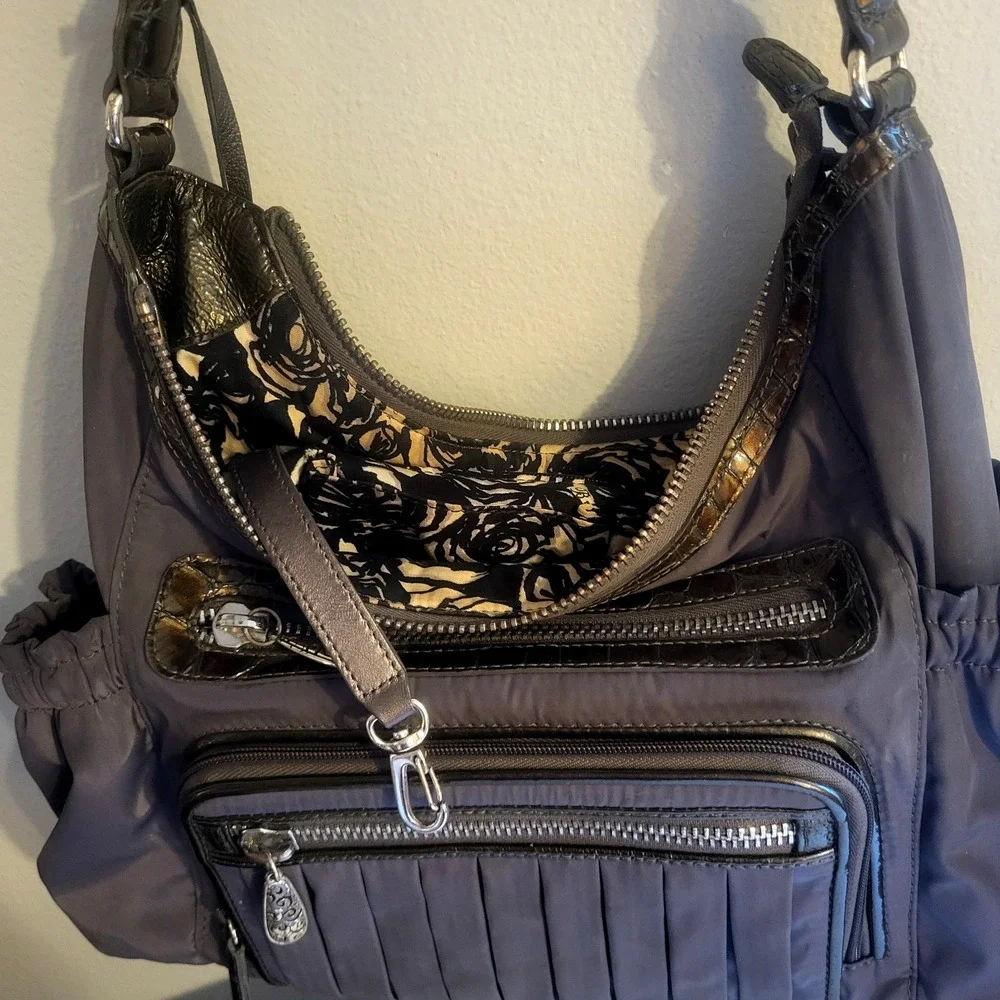 Vintage Brighton Gray Nylon Shoulder Bag Hobo Brown Leather Trim Braided Handle